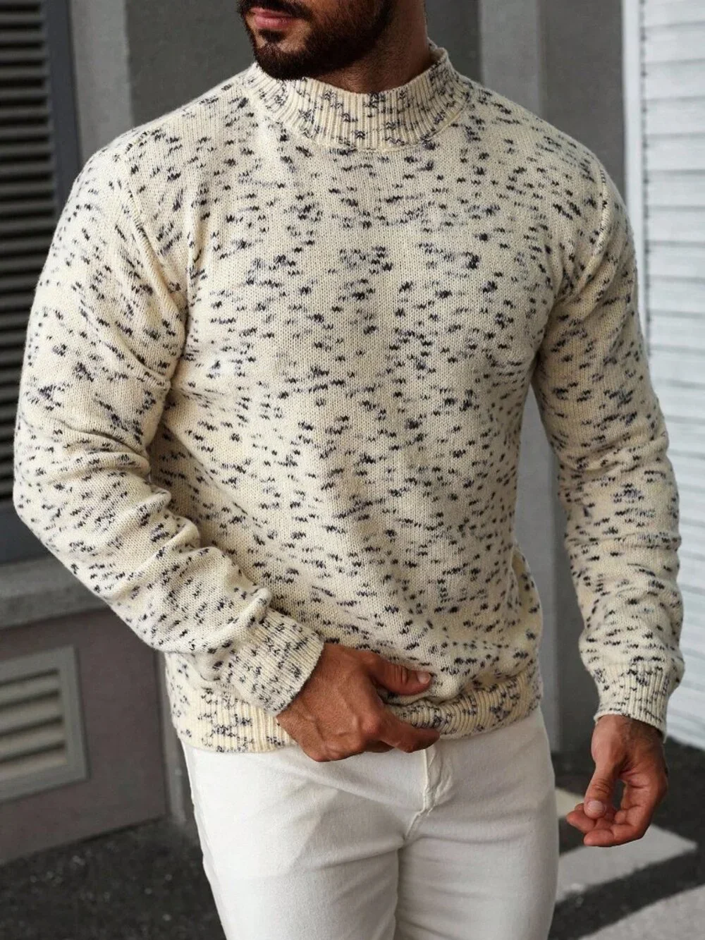 Multicolor Men's Stand Collar Rib-Knit Drop Sleeve Sweater